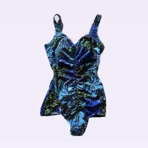 Vintage Maxines of Hollywood one piece vibrant blue, green floral swimsuit